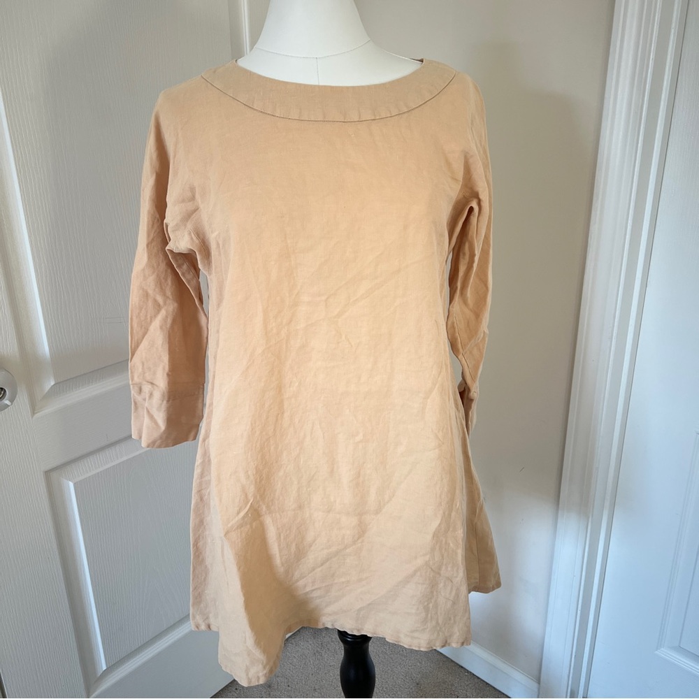 Tyler Boe Beige Crew Neck Knee Dress Size Medium 3/4 Sleeves 100% Linen Dress